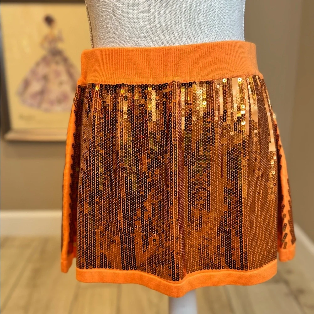 New! QUEEN OF SPARKLES Orange Full Sequin Mini Skirt
